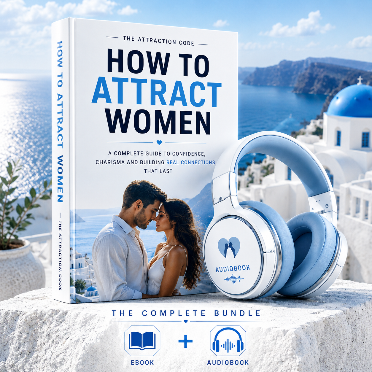 The Attraction Code ebook and audiobook bundle, with headphones, set against a Santorini backdrop